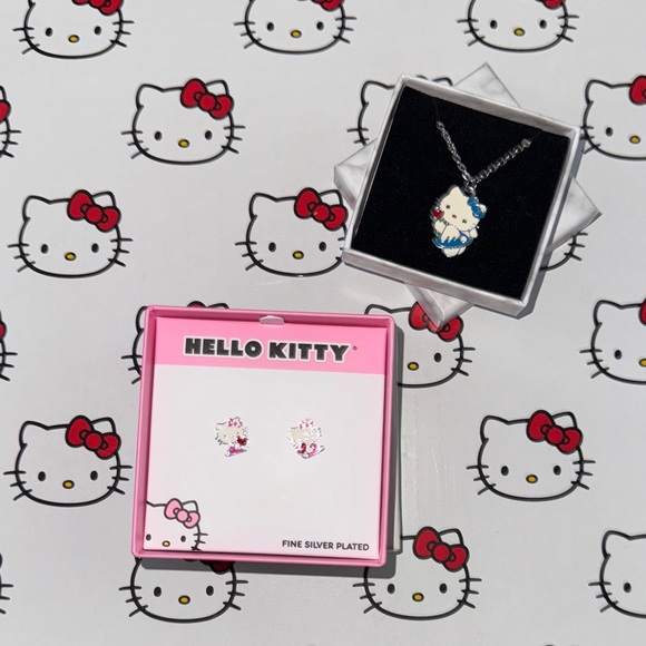 Hello Kitty Silver Necklace and Earrings Set - Pink, White, Red, and Blue - Picture 1 of 3